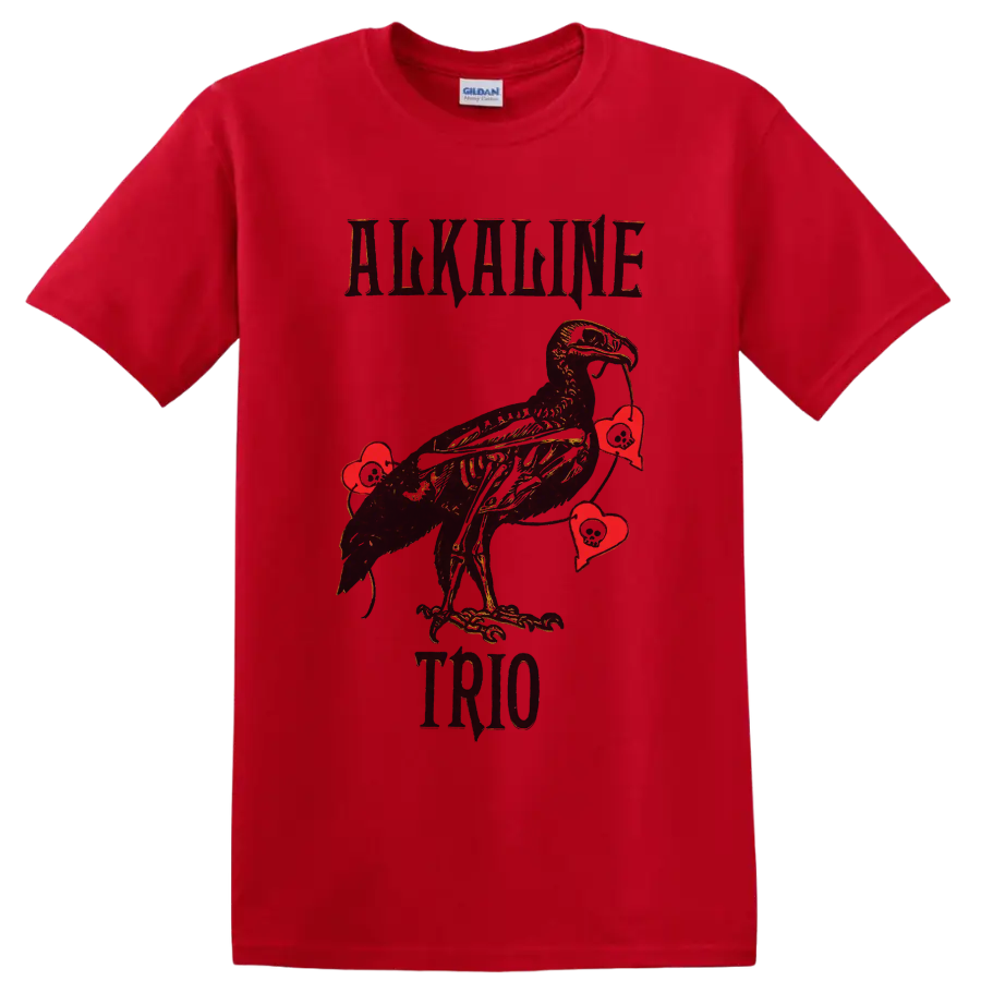 Alkaline Trio punk rock raven with red hearts graphic print on a Red T Shirt