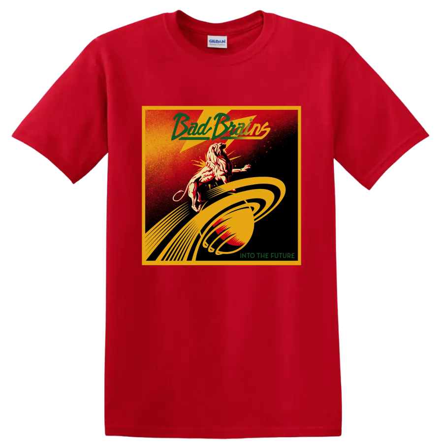 Bad Brains distressed punk rock lion and planetary rings Into the Future design on a Red T Shirt