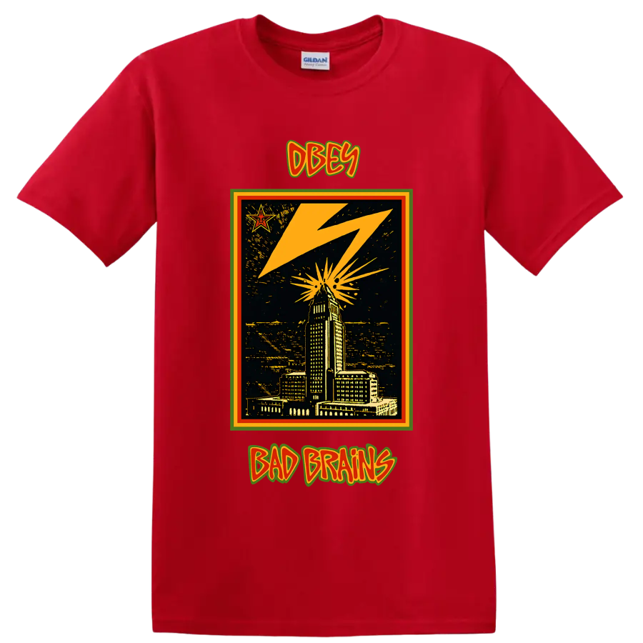 Bad Brains OBEY lightning city skyline punk rock graphic on a Red T Shirt