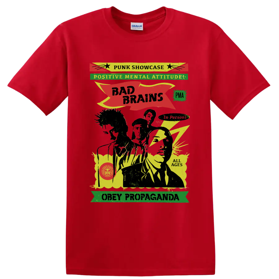 Bad Brains punk rock graphic with Positive Mental Attitude lettering on a Red T Shirt