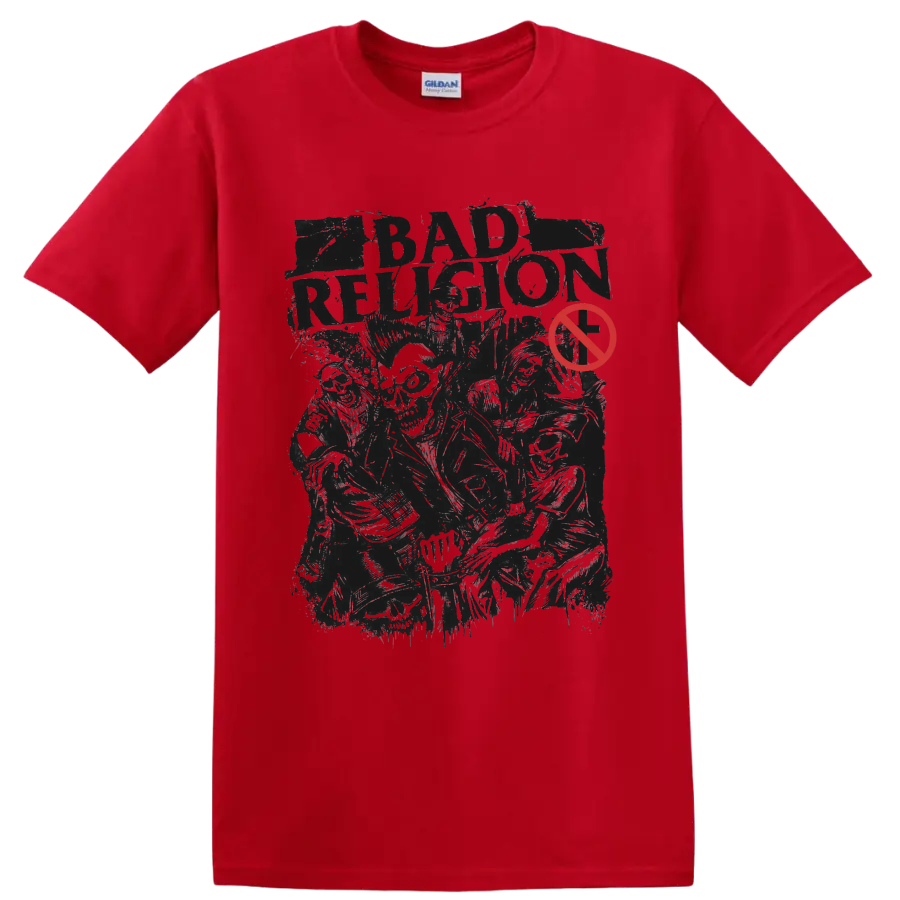 Bad Religion distressed punk rock graphic with red prohibition symbol on a Red T Shirt