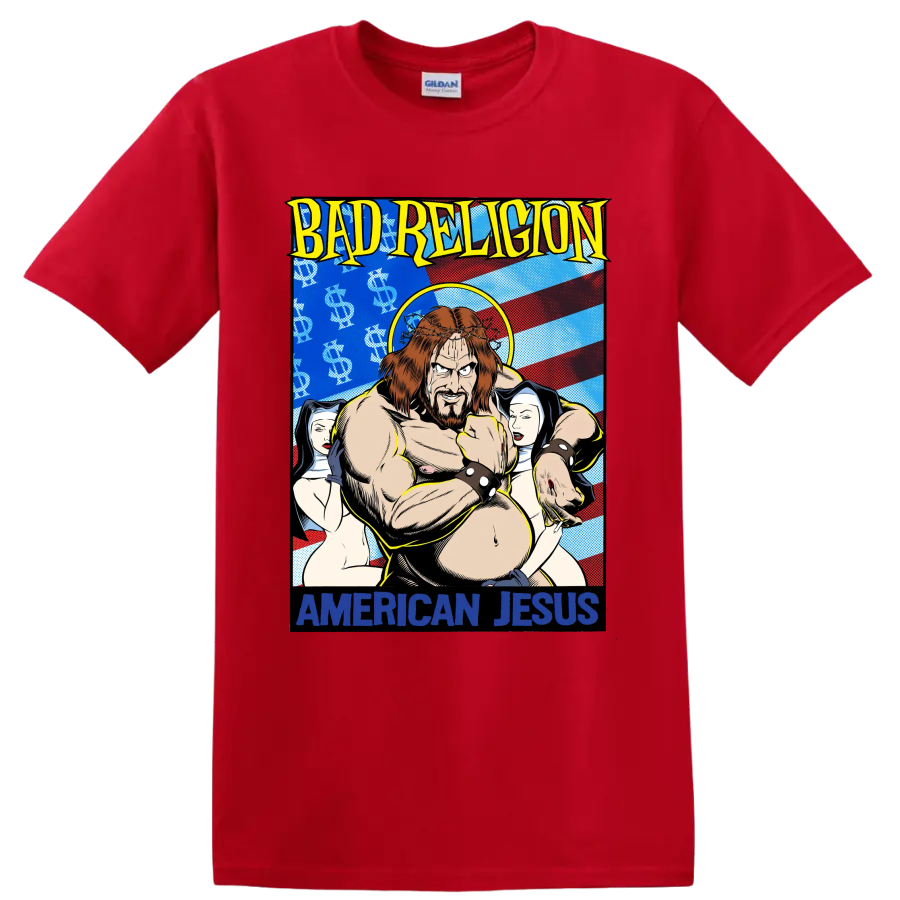 Bad Religion American Jesus comic-style punk rock graphic print on a Red T Shirt