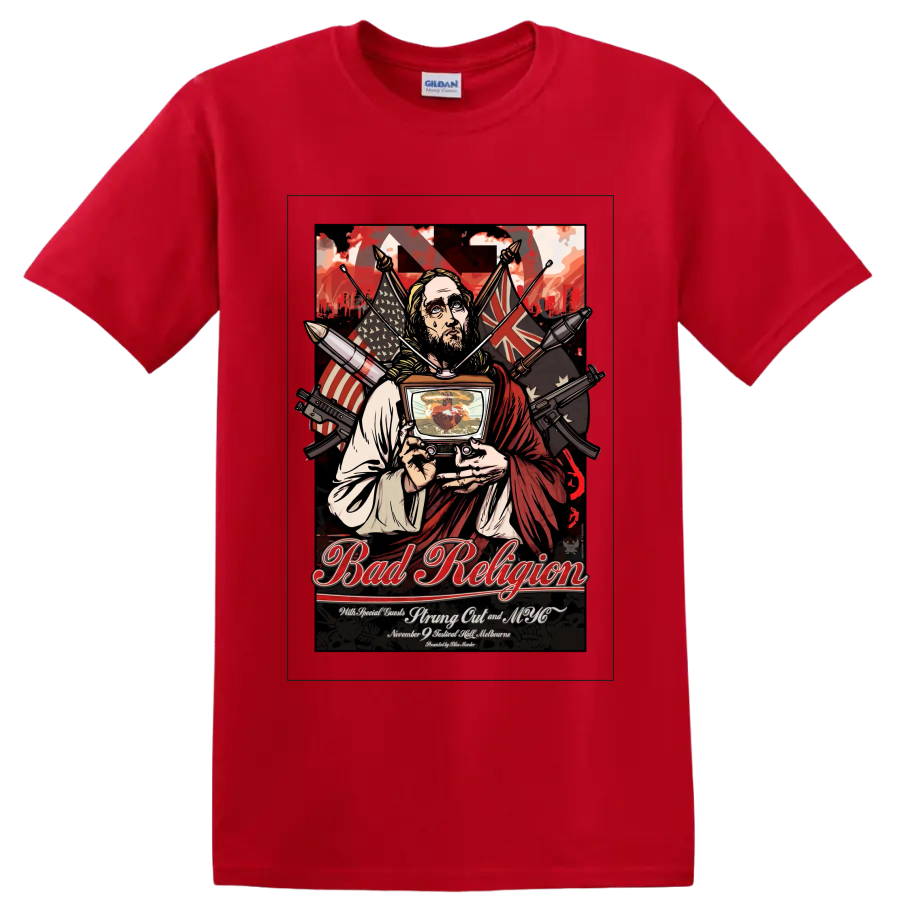 Bad Religion punk rock concert poster graphic with robed figure and television on a Red T Shirt