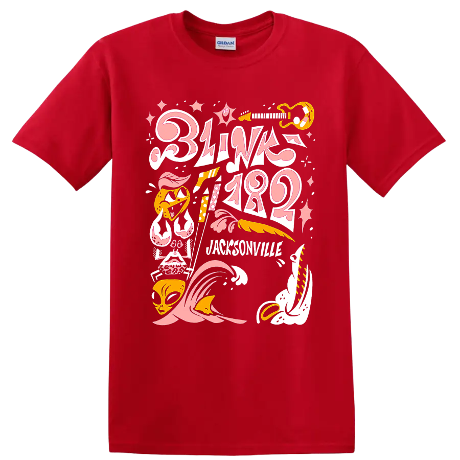 Blink-182 punk rock graphic print with pink lettering and yellow music accents on a Red T Shirt