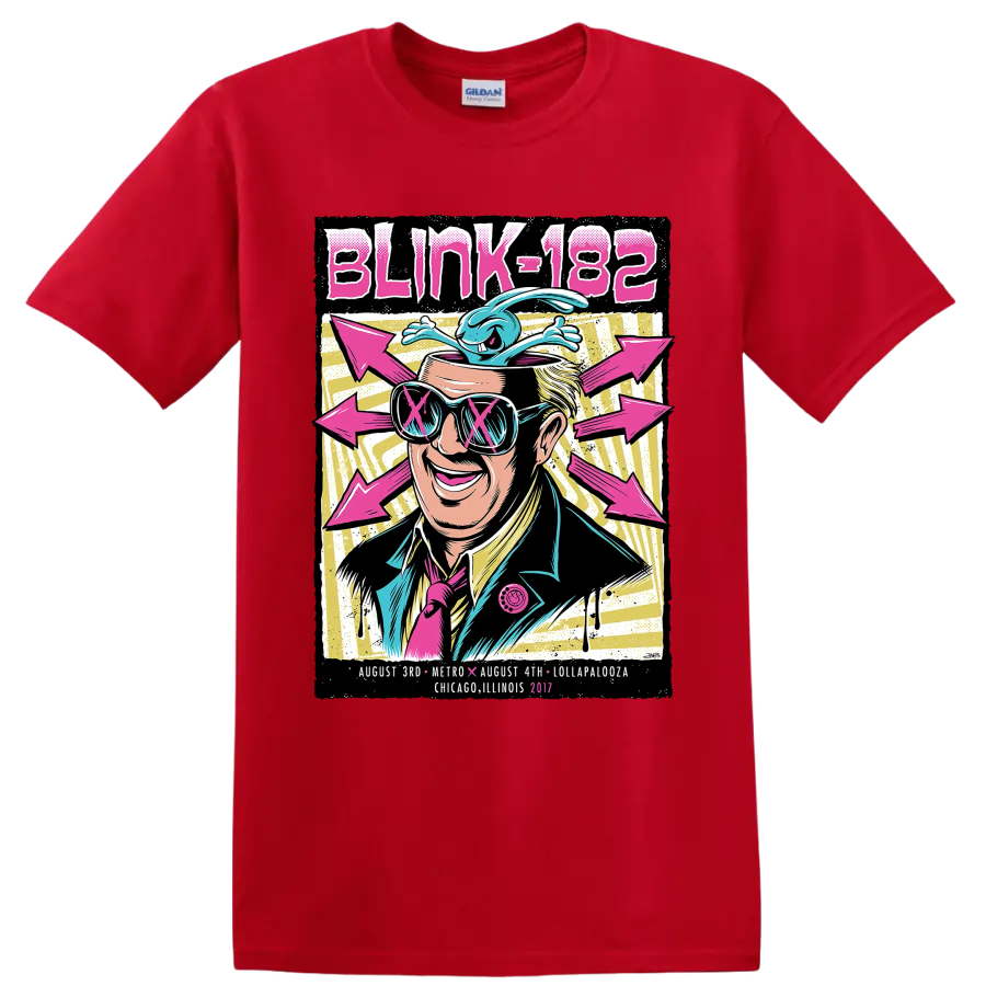 Blink-182 punk rock festival graphic with sunglasses, blue creature, and pink arrows on a Red T Shirt