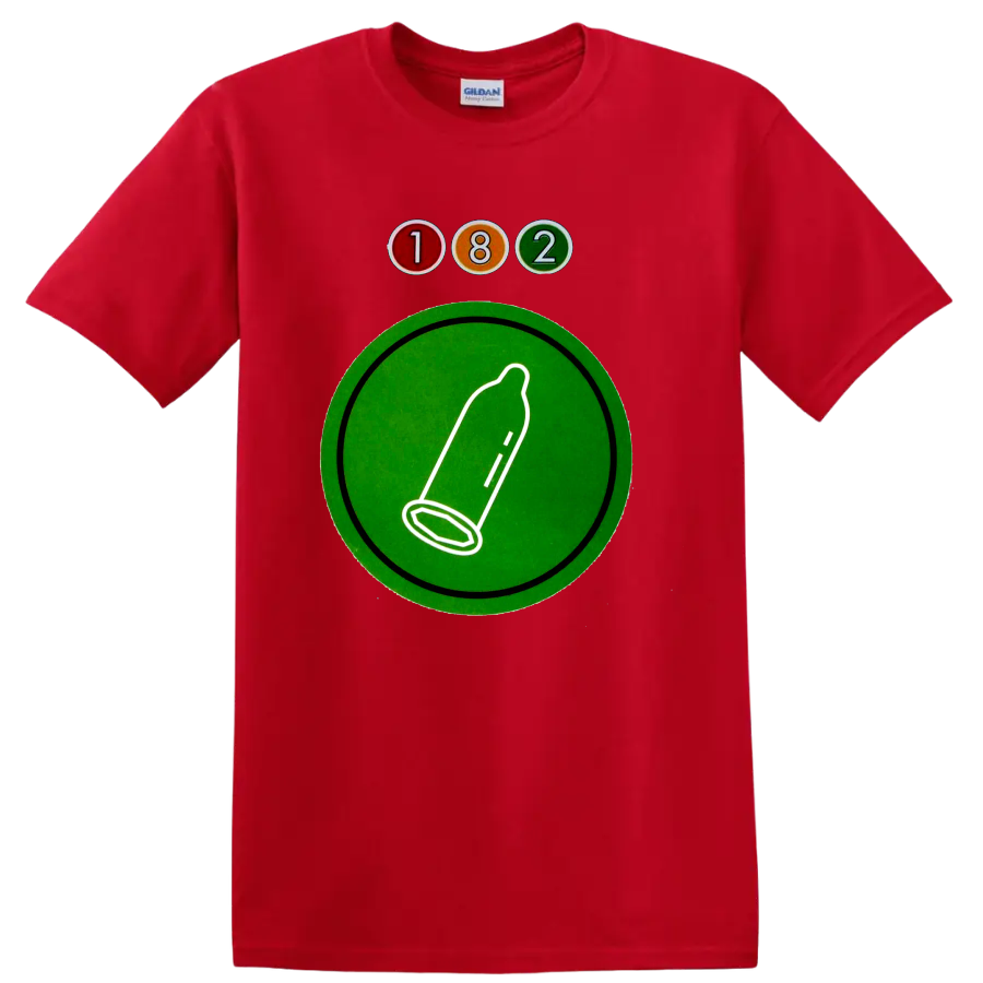 Blink-182 182 logo with colorful circles and green graphic emblem on a Red T Shirt