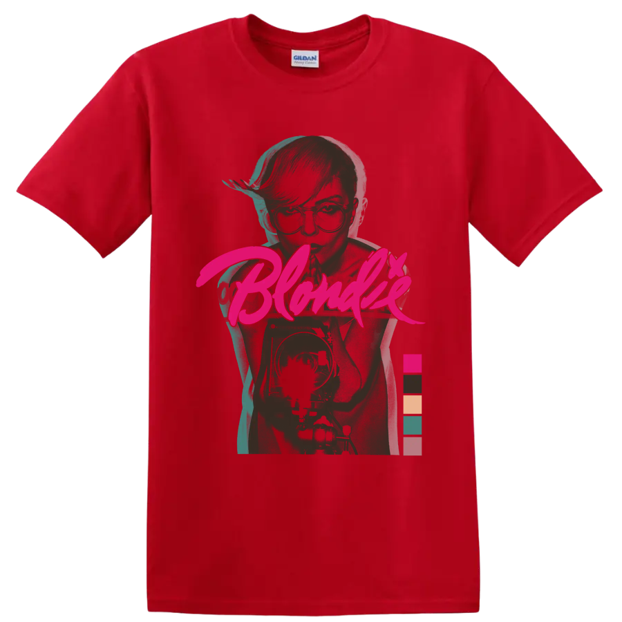 Blondie punk rock band portrait with bold pink script and colorful accents on a Red T Shirt