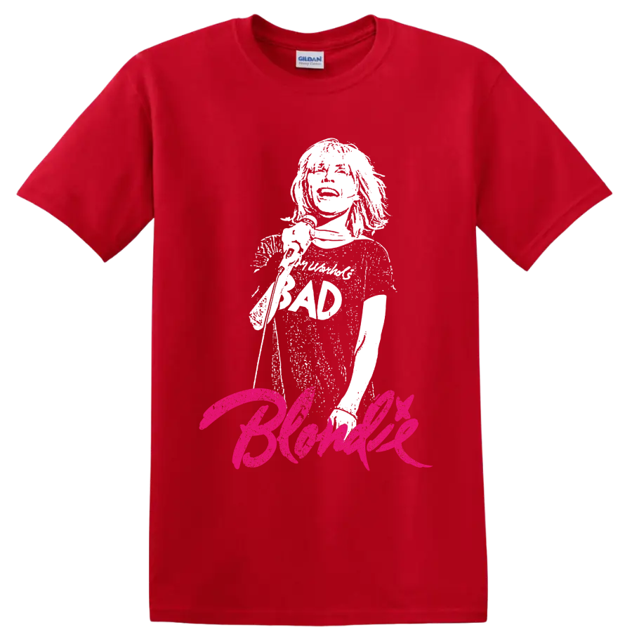 Debbie Harry portrait with hot pink Blondie punk rock lettering on a Red T Shirt