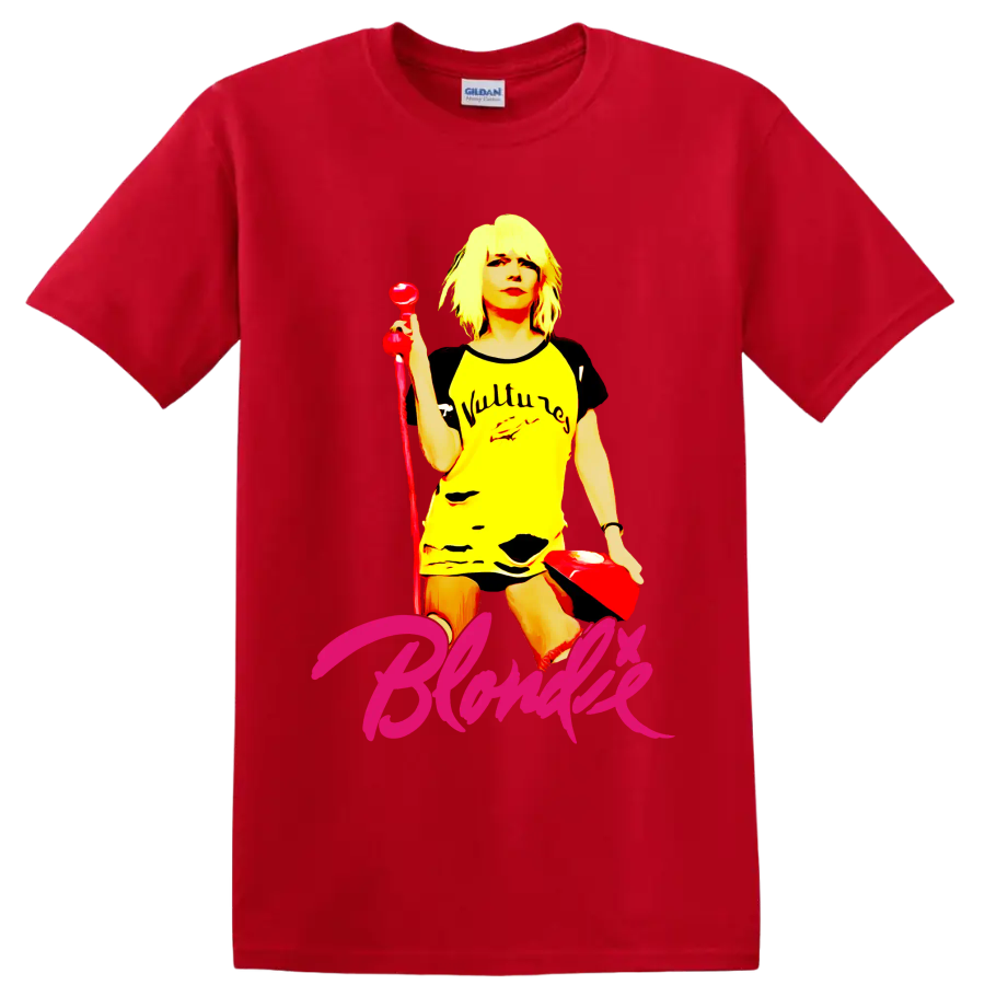 Blondie punk rock vocalist graphic with red microphone and pink script lettering on a Red T Shirt