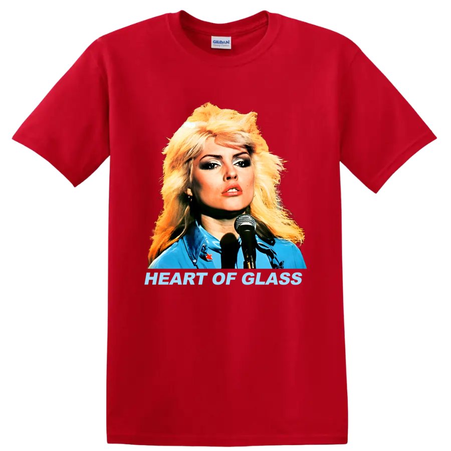 Blondie singer portrait with Heart of Glass text, retro punk rock graphic on a Red T Shirt