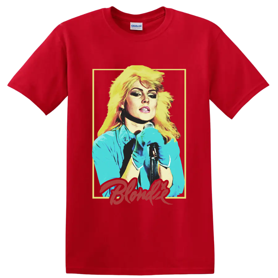 Debbie Harry of Blondie punk rock singer portrait with microphone on a Red T Shirt