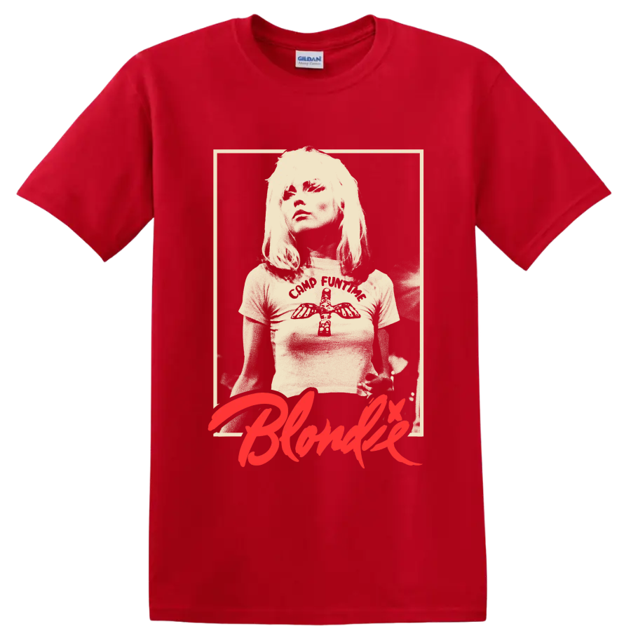 Blondie vintage punk rock portrait with red script graphic print on a Red T Shirt