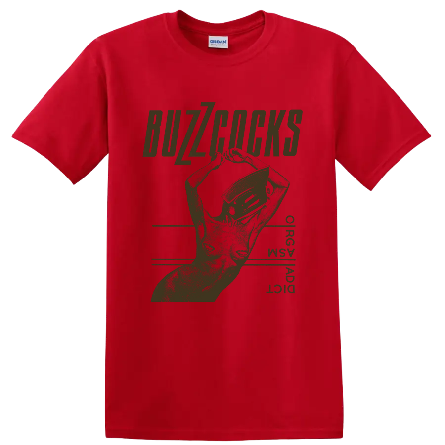 Buzzcocks distressed punk graphic with bold lettering and angular hand artwork on a Red T Shirt