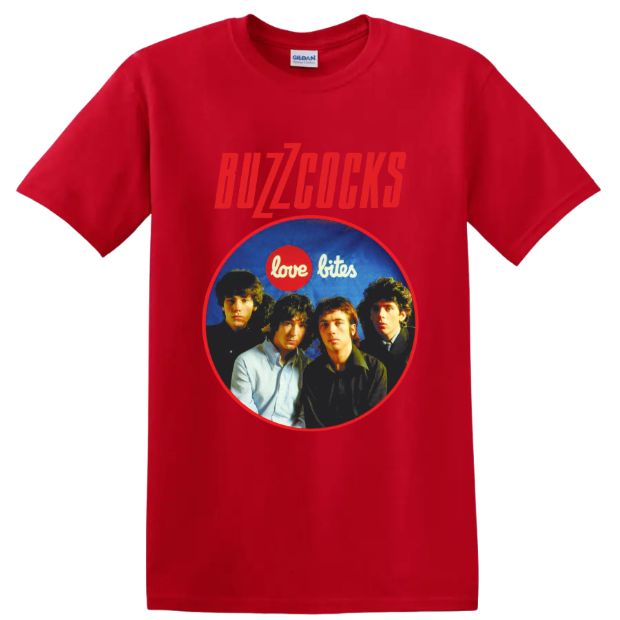 Buzzcocks punk rock band portrait with Love Bites graphic on a Red T Shirt