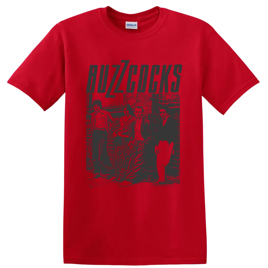 Buzzcocks distressed punk rock lettering with gritty monochrome artwork on a Red T Shirt