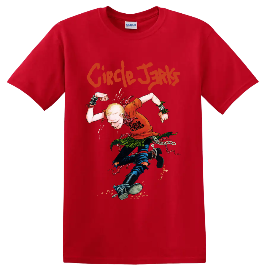Circle Jerks punk rock graphic with illustrated figure and distressed lettering on a Red T Shirt
