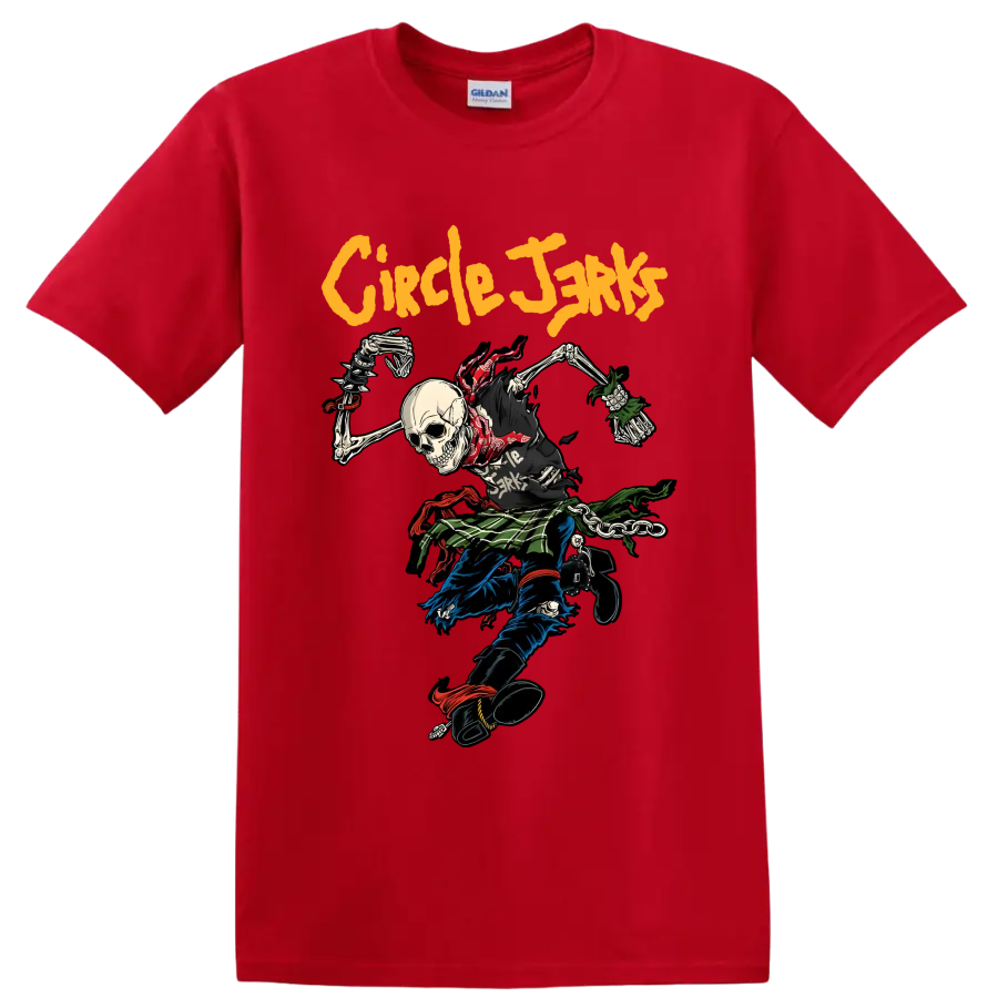 Circle Jerks punk rock skeleton graphic with bold yellow lettering on a Red T Shirt