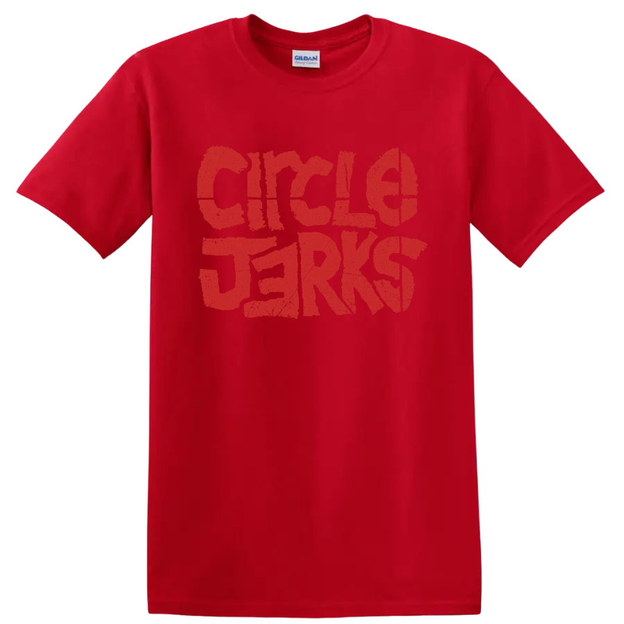 Distressed red Circle Jerks punk rock band lettering graphic on a Red T Shirt