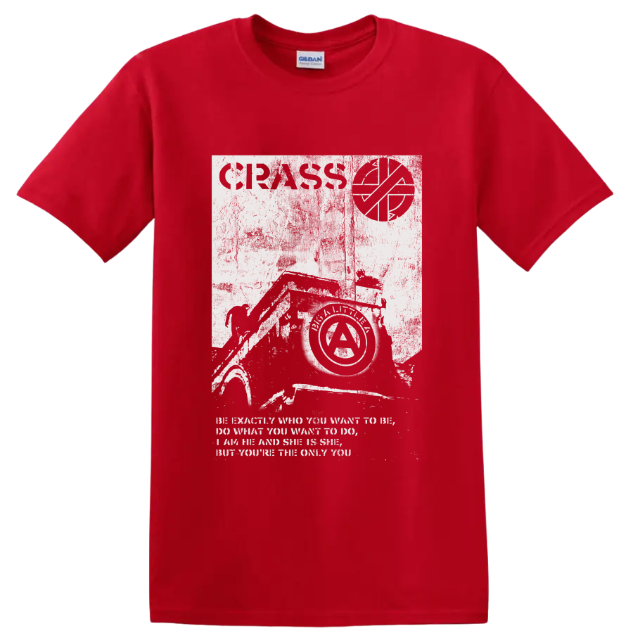 Crass punk rock anarchist collage graphic print on a Red T Shirt