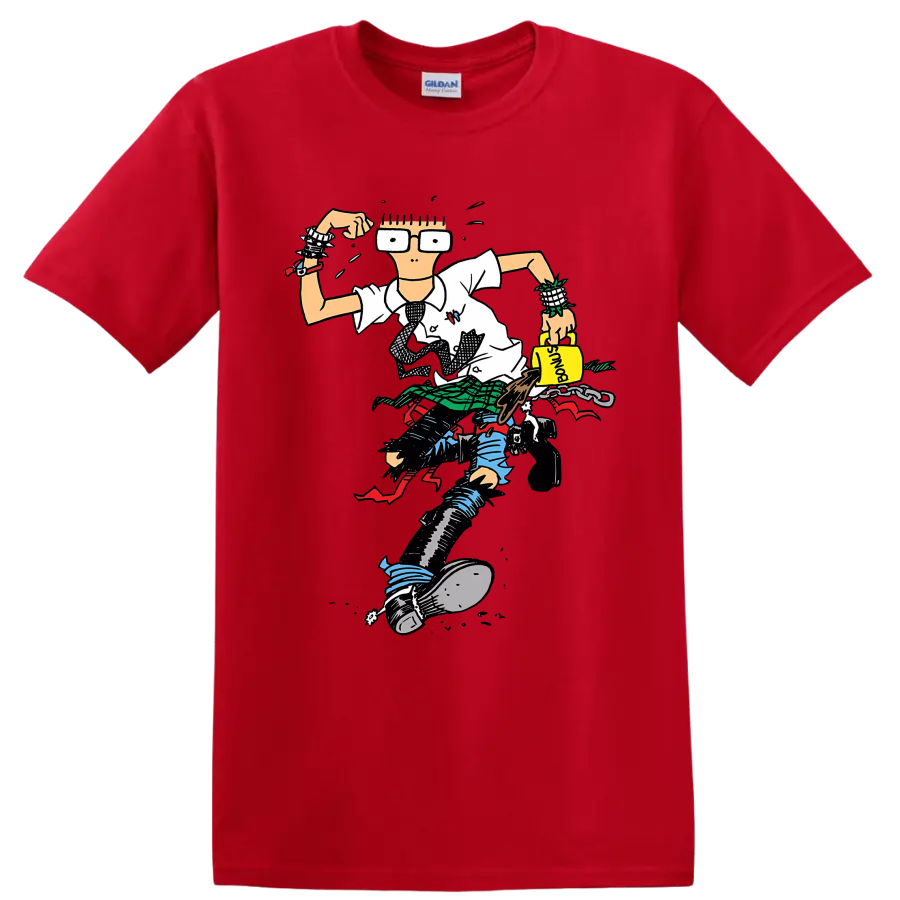 Descendents punk rock character illustration with oversized glasses and plaid details on a Red T Shirt