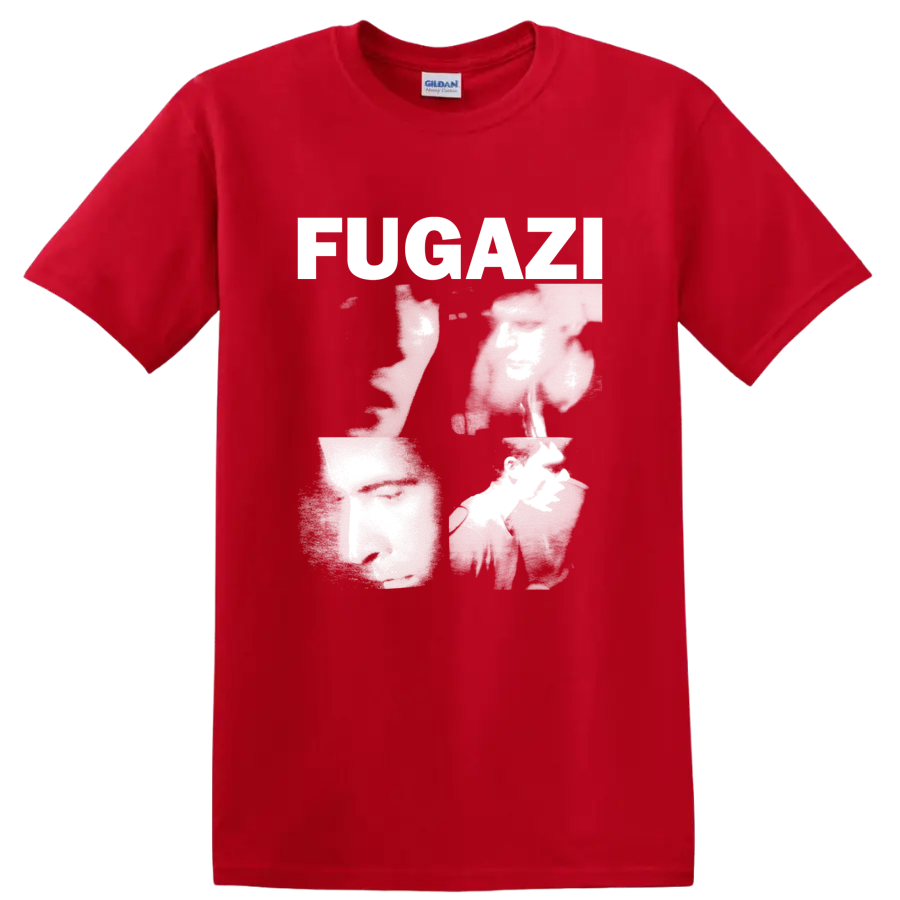 Fugazi distressed punk rock lettering graphic print on a Red T Shirt
