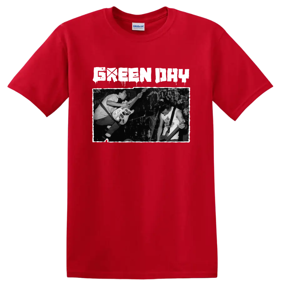 Green Day punk rock live performance graphic with guitarists on stage on a Red T Shirt