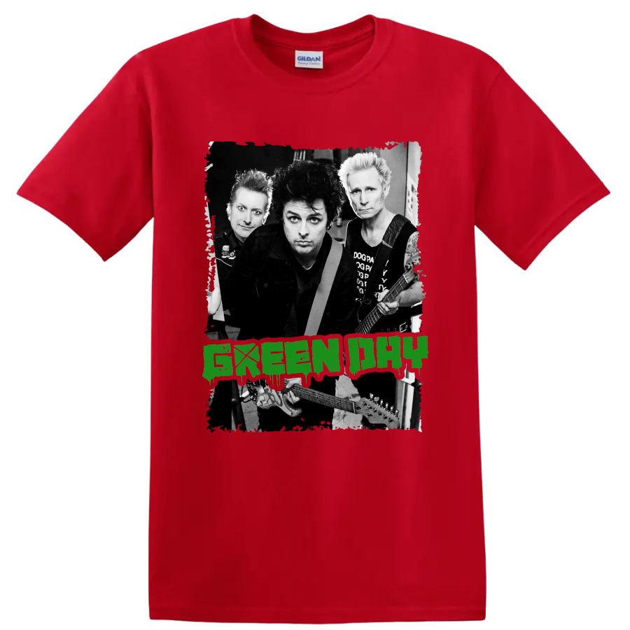 Green Day punk rock band portrait with guitars and distressed green lettering on a Red T Shirt