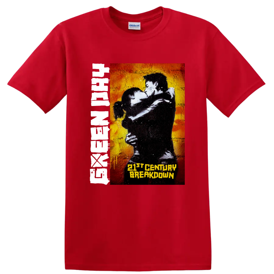 Green Day 21st Century Breakdown punk rock graphic with embracing couple on a Red T Shirt