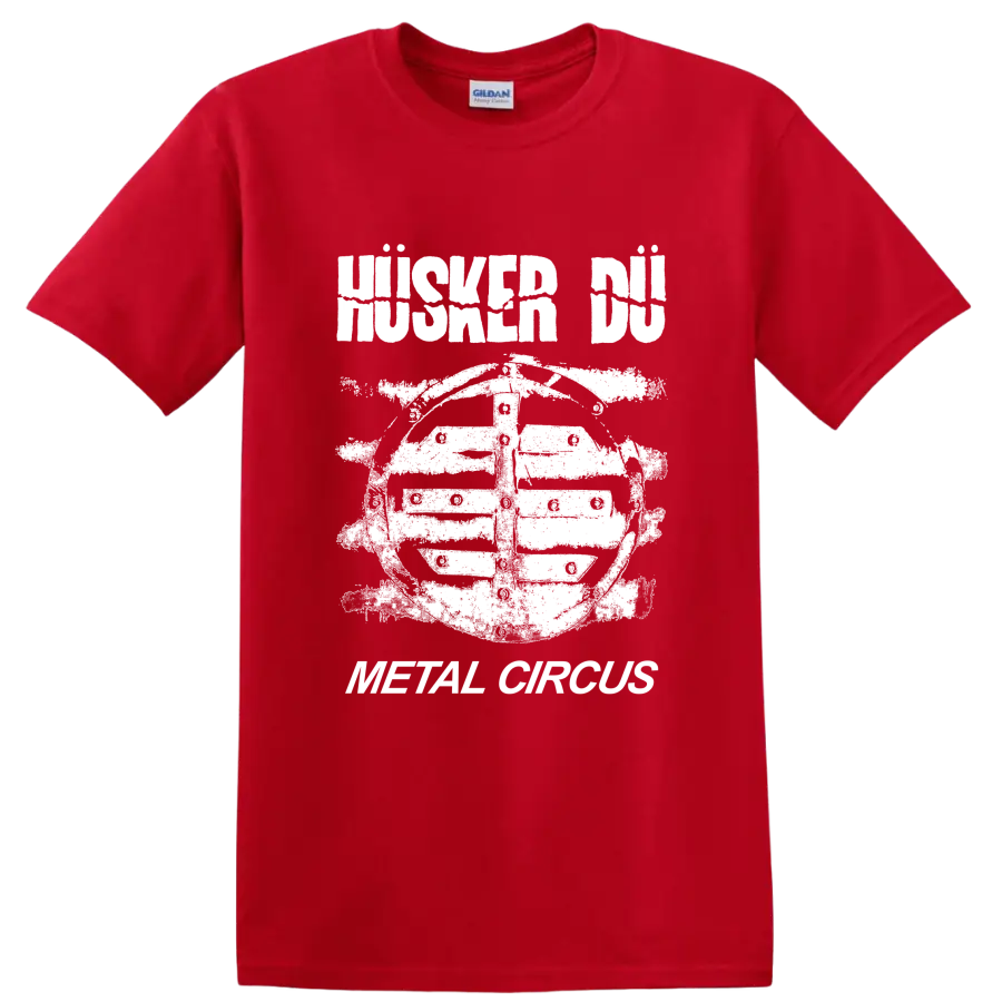Husker Du punk rock graphic with bold band lettering and illustrated figure on a Red T Shirt