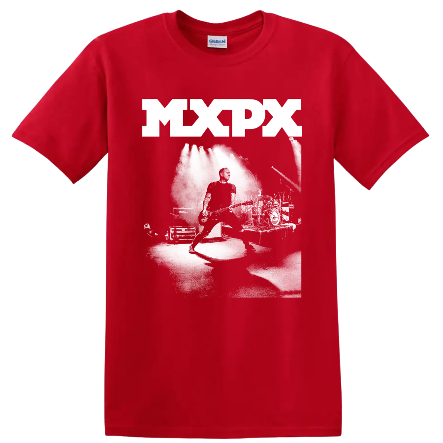 MxPx punk rock graphic print with bold lettering and monochrome illustration on a Red T Shirt