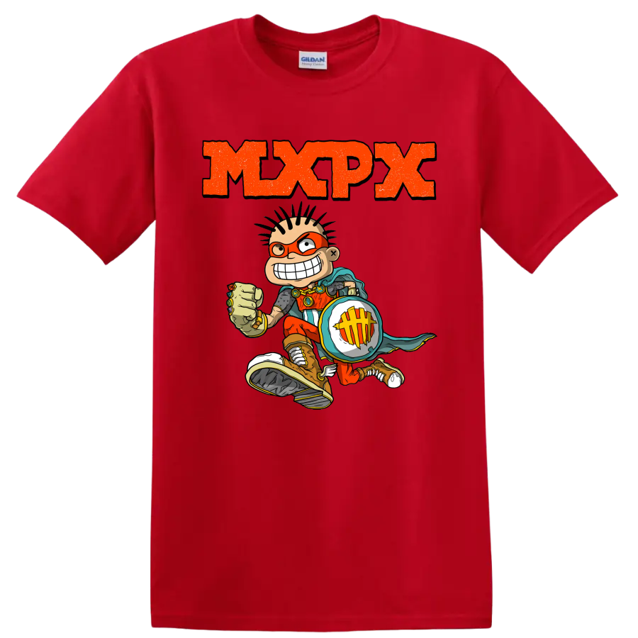 MxPx punk rock graphic with comic skateboarder and distressed orange lettering on a Red T Shirt