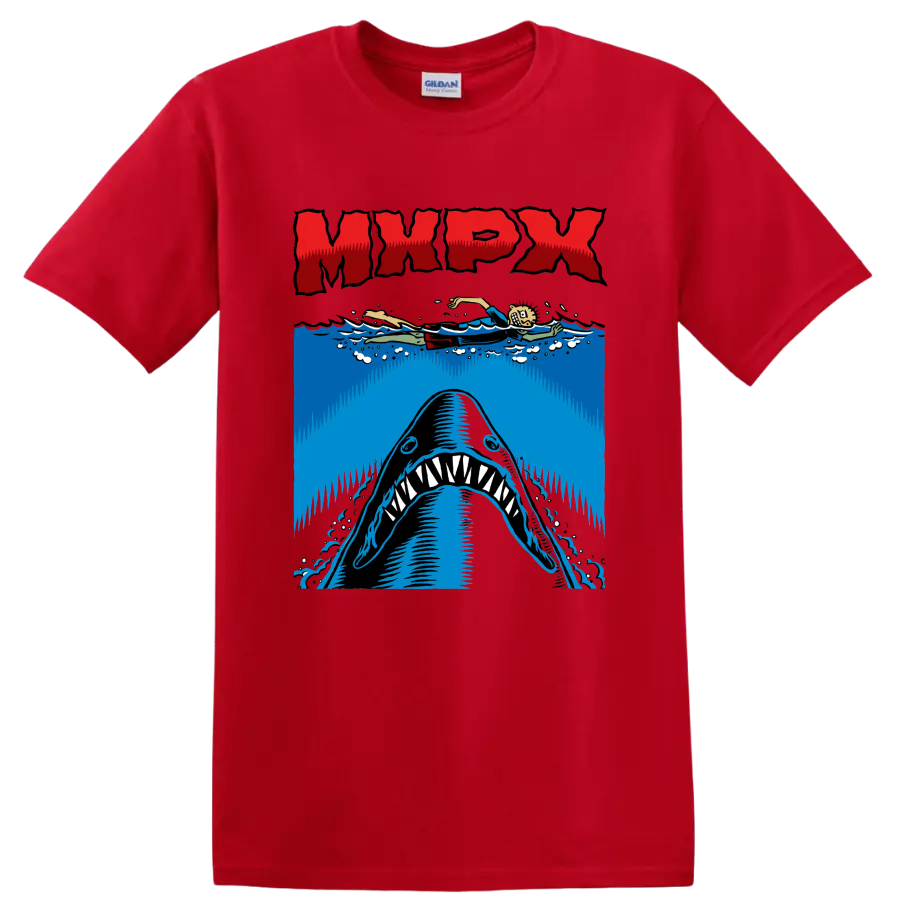 MxPx punk rock shark graphic with swimmer and ocean waves on a Red T Shirt
