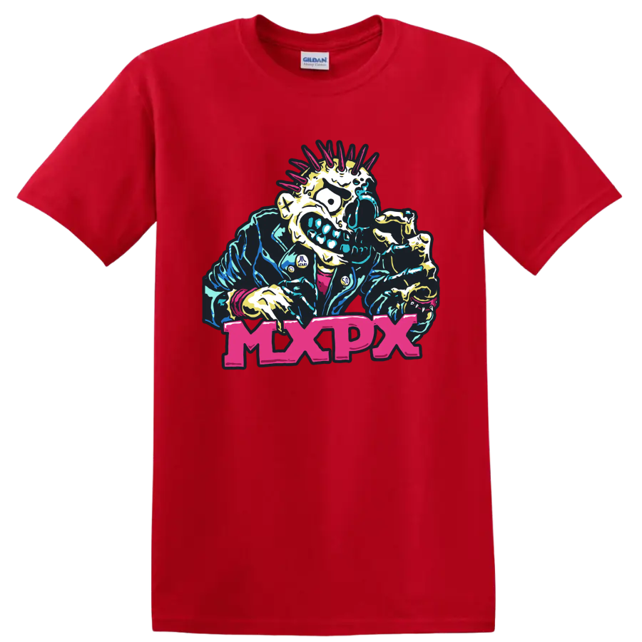 MxPx punk rock mohawked skeleton graphic with bold pink lettering on a Red T Shirt