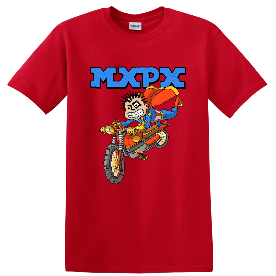 MxPx punk rock cartoon rider on dirt bike graphic on a Red T Shirt