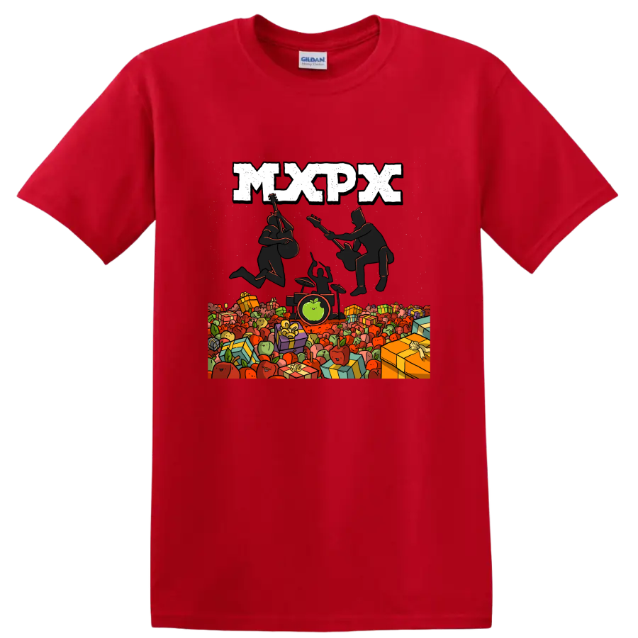 MxPx punk rock graphic with musicians, apples, and wrapped gifts on a Red T Shirt