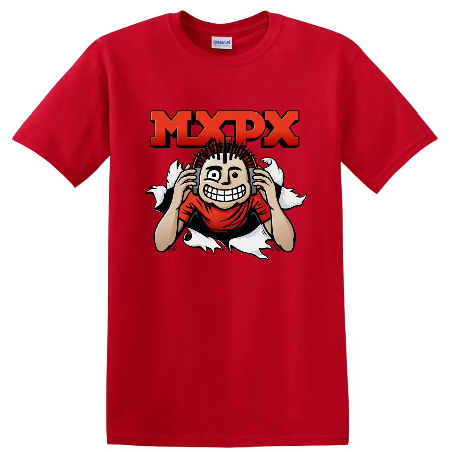 MxPx punk rock graphic with distressed lettering and grinning mohawk character on a Red T Shirt