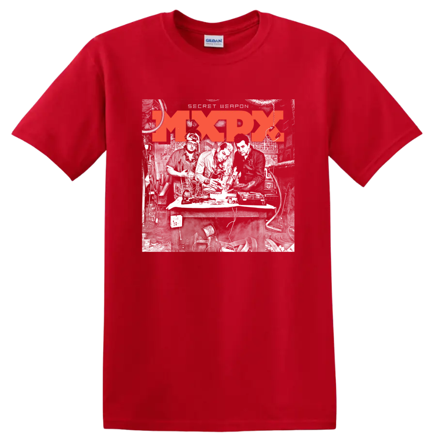 Distressed red MxPx punk rock band logo graphic on a Red T Shirt
