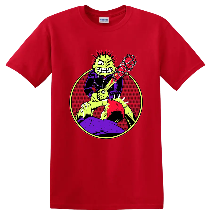 MxPx punk rock character with barbed wire bat graphic on a Red T Shirt