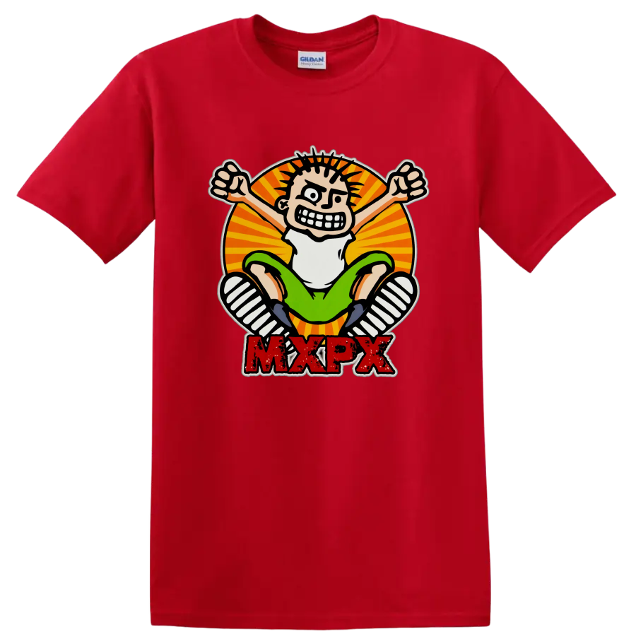 MxPx punk rock cartoon skateboard graphic with distressed red lettering on a Red T Shirt