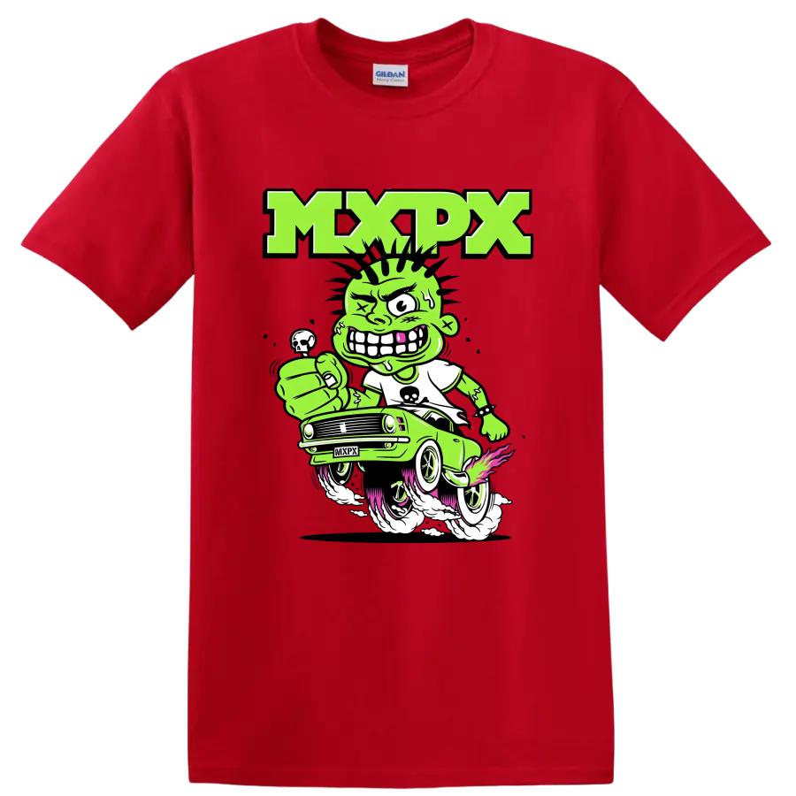 MxPx punk rock cartoon car graphic with green character on a Red T Shirt
