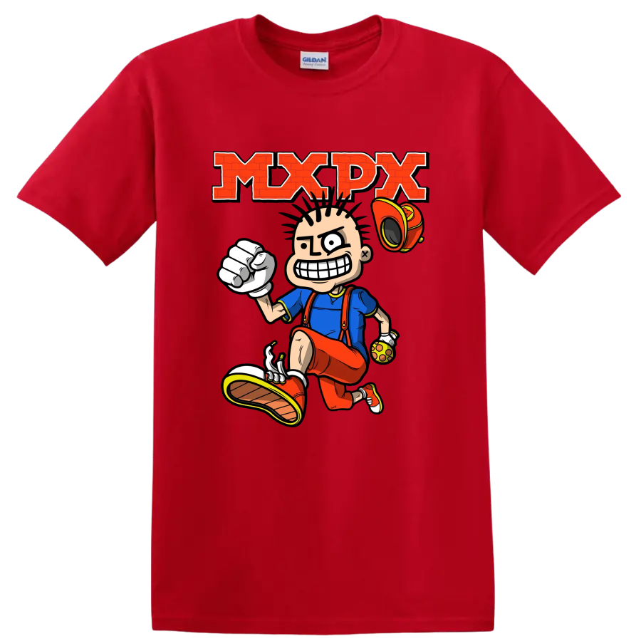 MxPx punk rock cartoon skateboarder graphic with bold red lettering on a Red T Shirt