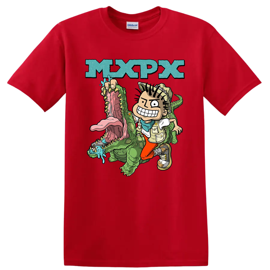 MxPx cartoon punk rock design with character riding a green crocodile on a Red T Shirt