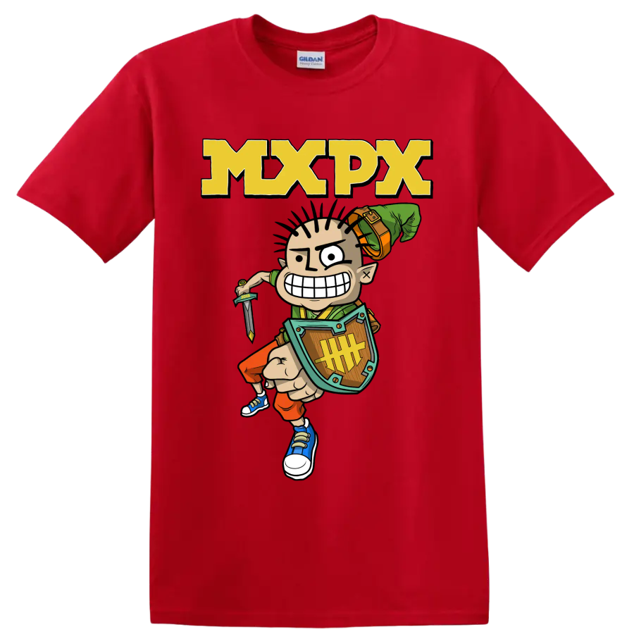 MxPx cartoon warrior punk rock graphic with bold MXPX lettering on a Red T Shirt