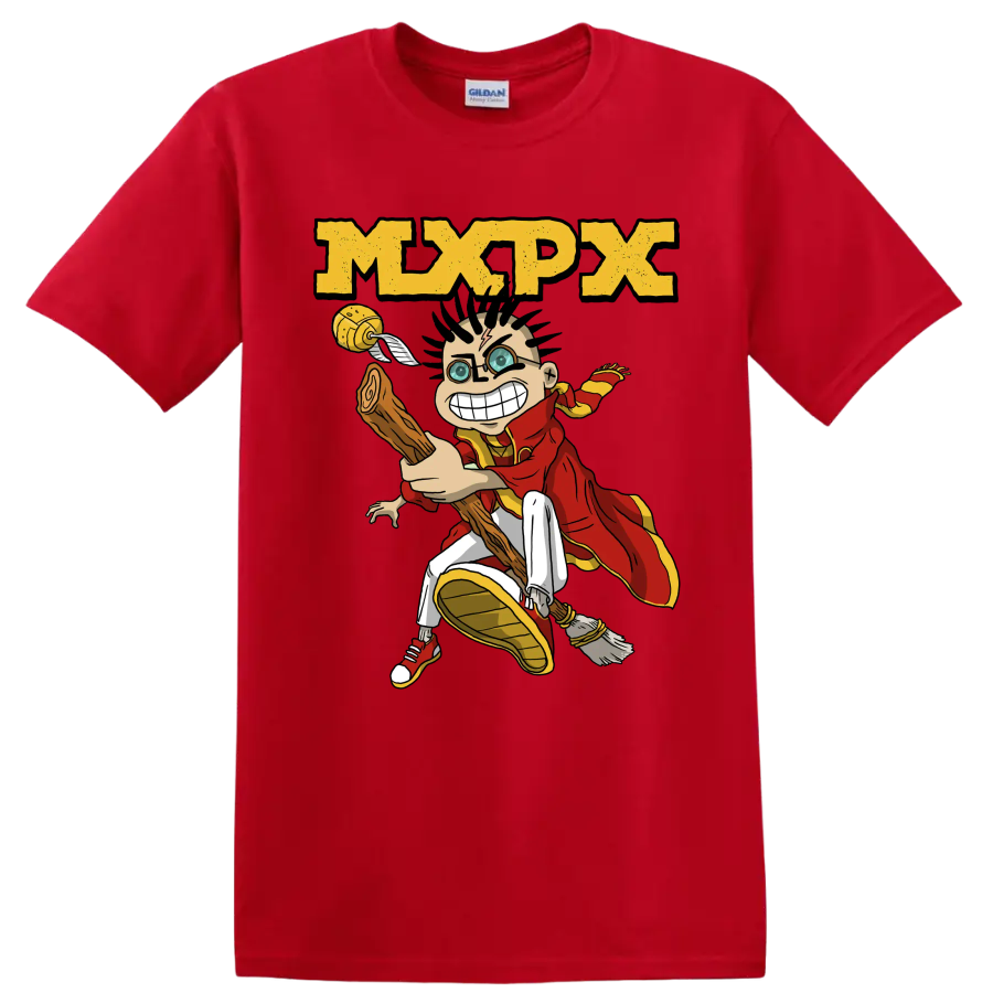 MxPx punk rock cartoon character graphic with distressed logo on a Red T Shirt