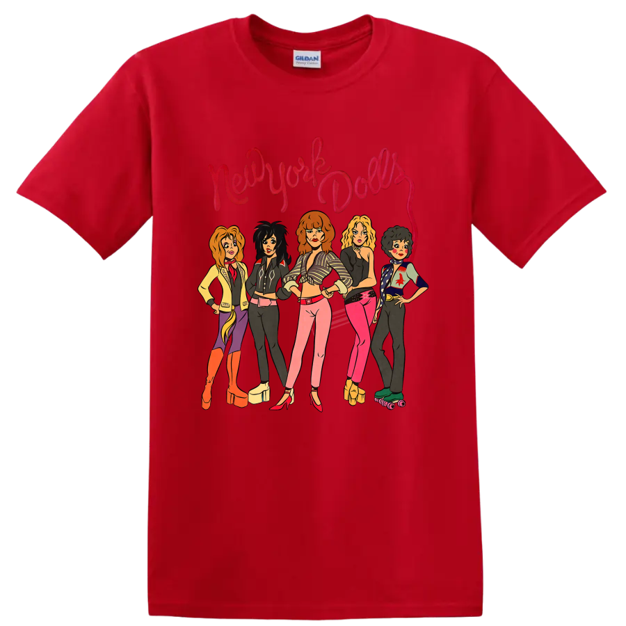 New York Dolls illustrated punk rock band graphic with red script lettering on a Red T Shirt