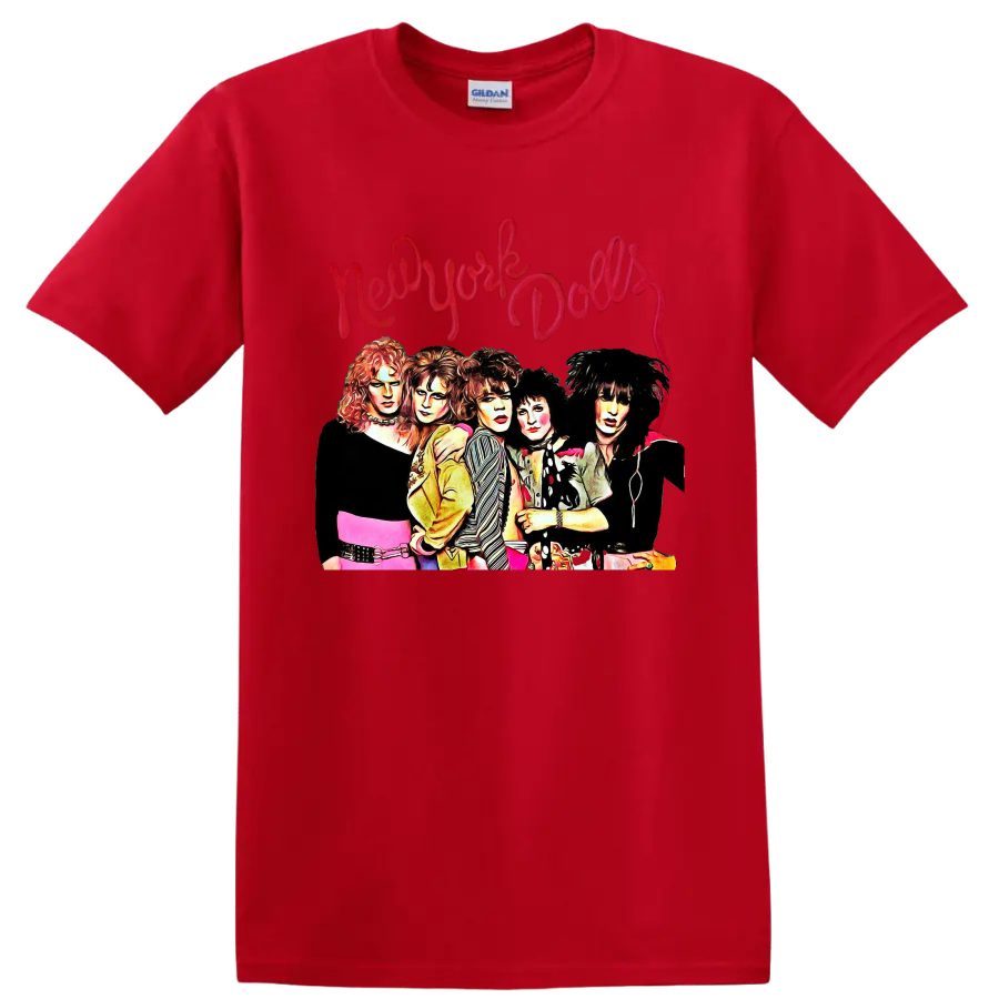 New York Dolls punk rock group portrait with red script lettering on a Red T Shirt