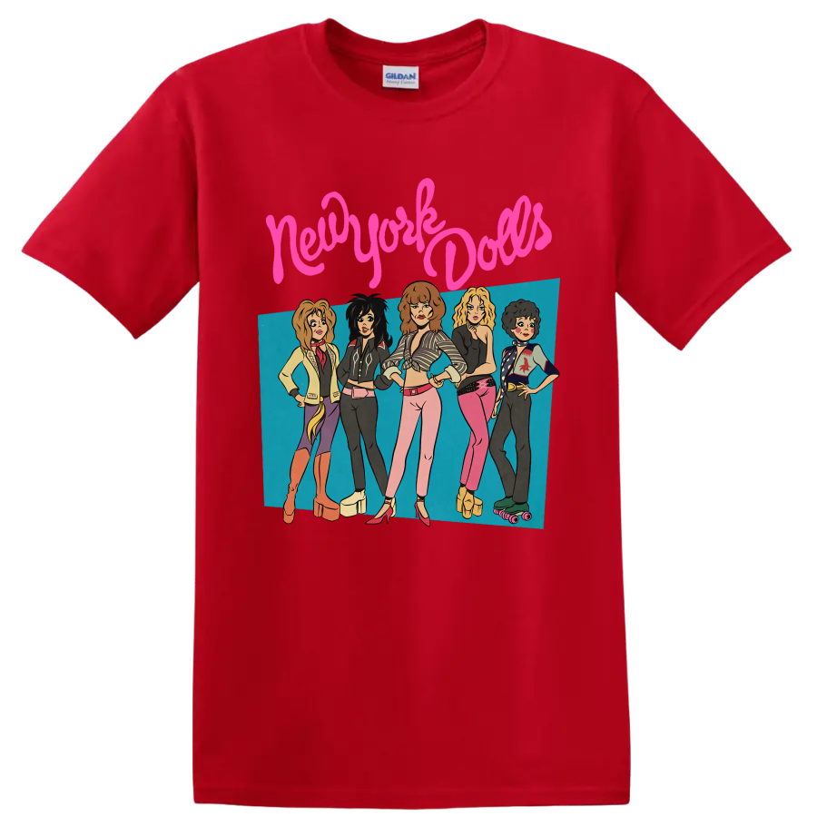 New York Dolls punk rock band graphic with five performers and pink lettering on a Red T Shirt