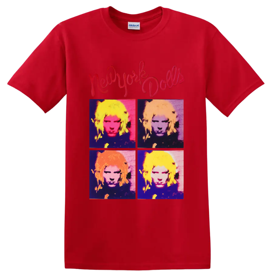 New York Dolls four-panel pop art portrait with red script lettering on a Red T Shirt