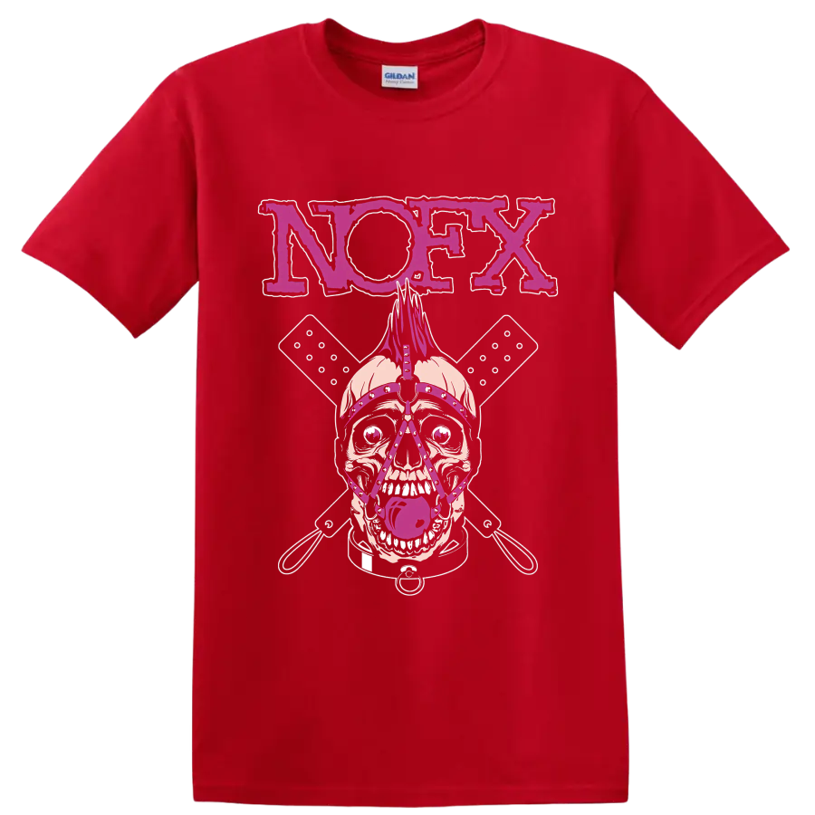 NOFX punk rock skull graphic with magenta lettering and crossed elements on a Red T Shirt