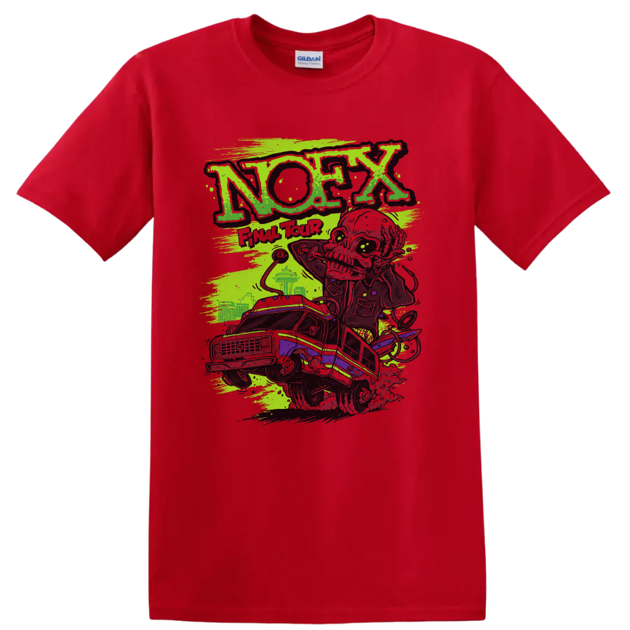 NOFX punk rock lowrider graphic with distressed neon green and purple artwork on a Red T Shirt